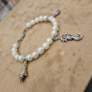 Silver and White Pearl Charm Bracelet, 8 In